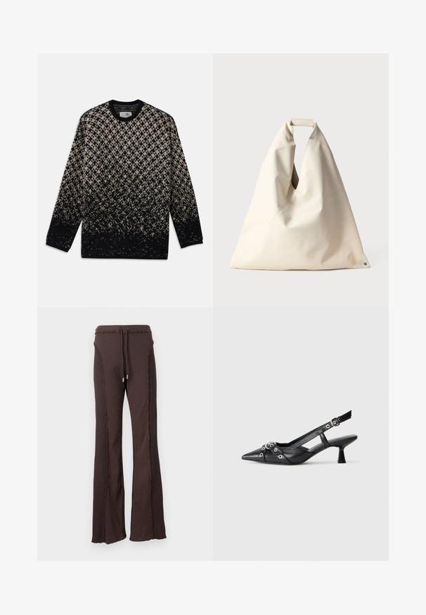 Pleteni pulover s dijamantnim uzorkom u bež i crnoj boji, s postupnim prelazom boja. Okrugli izrez i duži rukavi. Mekana tekstura.; Smeđe rebraste zvonaste hlače s pojasom na vezanje i dekorativnim šavovima uz bokove. Mekana tekstura i opušteni kroj.; Crne kožne cipele s remenom oko pete, s izduženim vrhom, dekorativnim trakama s metalnim rupama i niskom blok petom. Teksturirana površina.; Bež torba meke teksture s jedinstvenom uvijenom ručkom i dijagonalnim šavom. Minimalistički dizajn s okruglim detaljem na dnu.