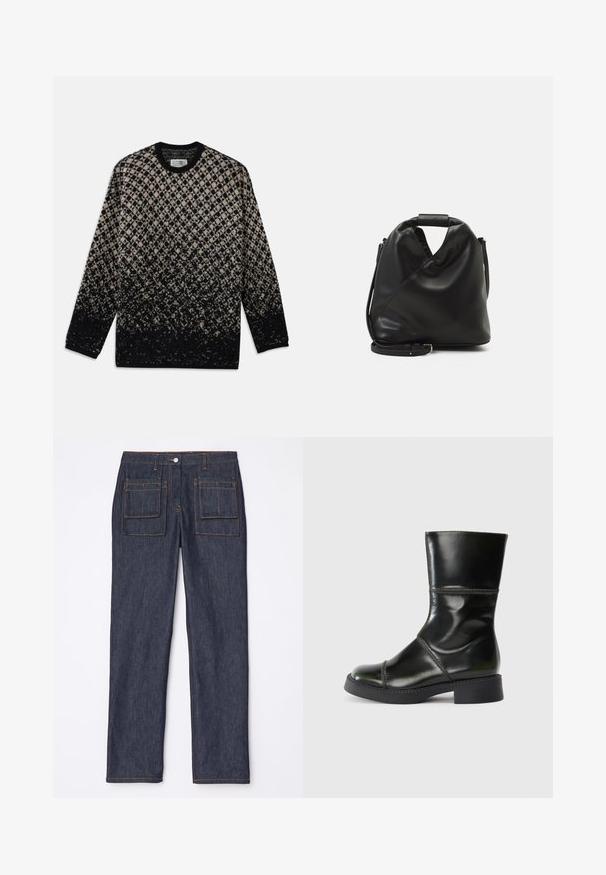 Pulover tricotat cu un model în diamant în nuanțe de bej și negru, cu o degradare graduală a culorilor. Guler rotund și mâneci lungi. Textură moale.; Jeans din denim de culoare albastru închis cu un design drept, având două buzunare pe spate și cusături contrastante de culoare portocalie.; Botă din piele neagră, la gleznă, cu vârf rotund, finisaj neted, cusături contrastante și toc gros, având o siluetă ușor conică.; Geantă din piele moale, neagră, cu un design unic, răsucit. Dispune de o mânere scurtă și o curea de umăr detașabilă. Stil minimalist.
