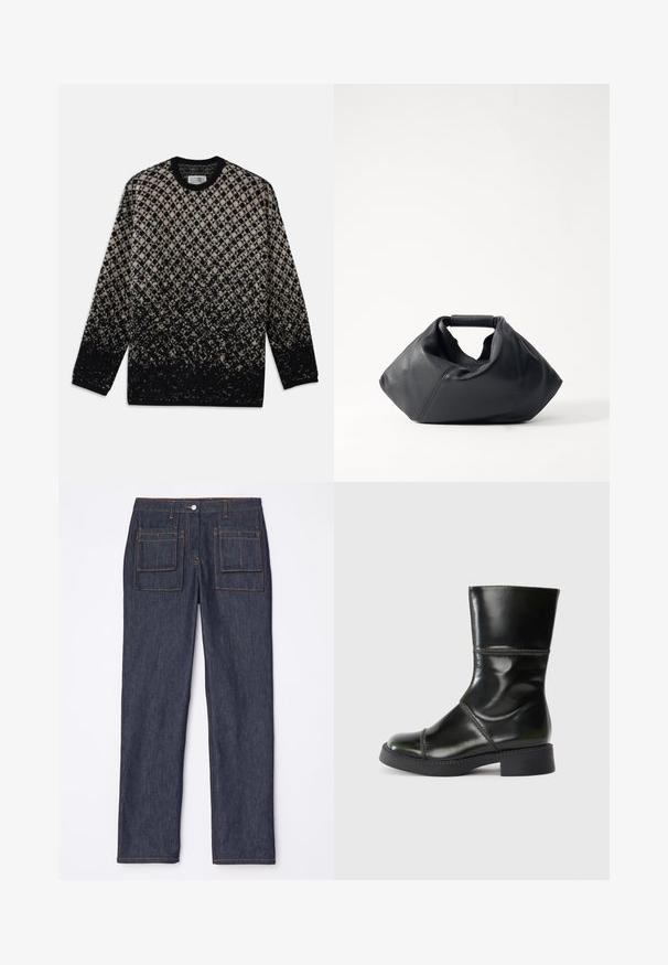 Pletený sveter s diamantovým vzorom v béžovej a čiernej farbe, s postupným farebným prechodom. Výstrih do crew a dlhé rukávy. Jemná textúra.; Džínsové nohavice v tmavomodrej farbe so strihom rovného nohu, s dvoma zadnými vreckami a kontrastným oranžovým prešívaním.; Čierne kožené členkové topánky s okrúhlym špičkou, hladkým povrchom, kontrastným prešívaním a blokovým podpätkom, s mierne zúženým silueta.; Čierna kožená taška s textúrovaným povrchom, unikátnym zvrásneným tvarom a krátkym uchom. Obsahuje jeden hlavný priestor.