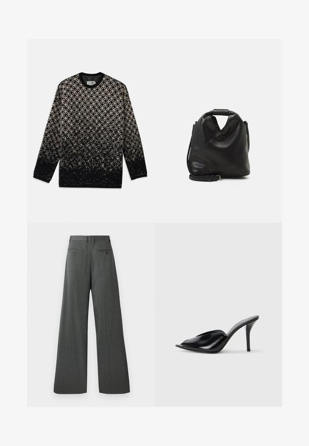 Pleteni pulover s dijamantnim uzorkom u bež i crnoj boji, s postupnim prelazom boja. Okrugli izrez i duži rukavi. Mekana tekstura.; Hlače širokih nogavica u tamnosivoj tkanini. Imaju glatku teksturu, dva stražnja džepa s kopčama na gumbe i klasičnu struk.; Crne kožne visoke mule s otvorenim prstima, šiljastim dizajnom, glatkom teksturom i uskim štiklama.; Crna, meka kožna torba s jedinstvenim uvijenim dizajnom. Ima kratku ručku i odvojivi naramenicu. Minimalistički stil.
