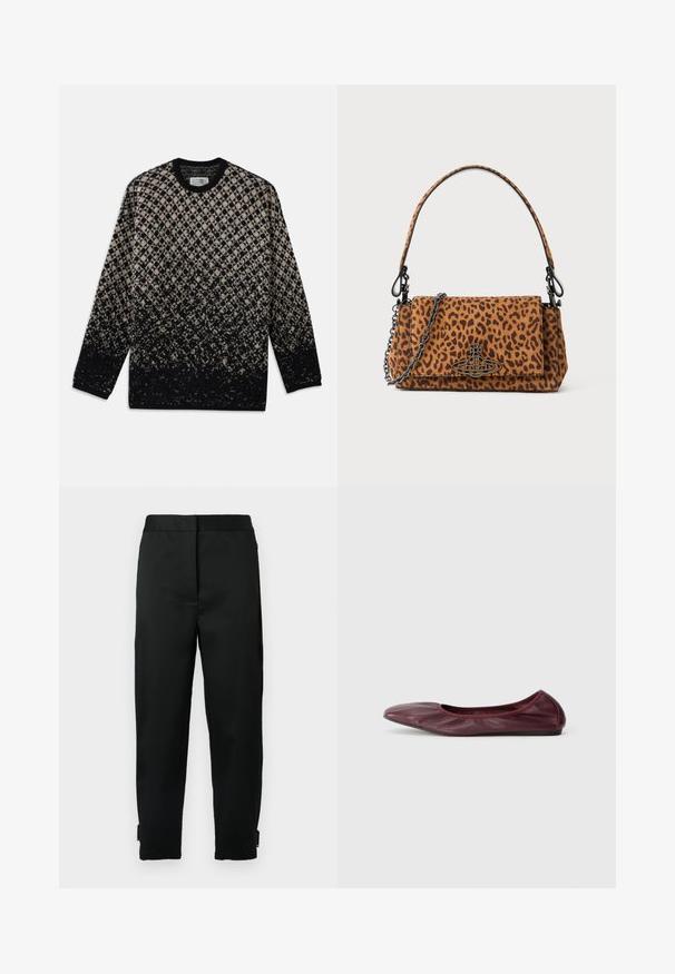 Kootud sviiter, millel on beez ja musta värvi teemantmuster ning järkjärguline värvifadeerumine. Ümar kaelus ja pikad varrukad. Pehme tekstuur.; Mustad kitsenevad püksid, millel on sile kangas, vöökohal kumm ja küljel taskud ning lukuga sulgemine püksisääre all reguleeritava istuvuse jaoks.; Sügisene burgundi puhkepaar nahast ballett, millel on ümar nina, elastne serv ja sile tekstuur koos peene plekkimise detailiga.; Leopardimustriga nahkese käekott, mis on valmistatud suede'ist, lühikese käepideme ja ahelahaga. Ristkülikukujuline kuju flapi sulgemisega.