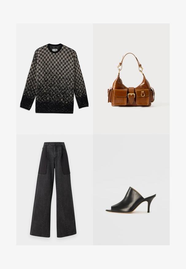Sweter dzianinowy z wzorem w romby w odcieniach beżu i czerni, z stopniowym przejściem kolorów. Okrągły dekolt i długie rękawy. Miękka tekstura.; Szerokie dżinsy z ciemnego denimu z czarnymi panelami materiałowymi po bokach, z wysokim stanem i widocznymi detalami ściegów.; Czarne skórzane mule z odkrytymi palcami o smukłym, zakrzywionym kształcie, wysokim obcasie typu stiletto i gładkiej fakturze. Wnętrze ma kontrastujący jasny kolor.; Brązowa skórzana torba o zaokrąglonym kształcie, z podwójnymi elementami z złoconego metalu, dwoma przednimi kieszeniami oraz szerokim paskiem. Gładka faktura o eleganckim wykończeniu.