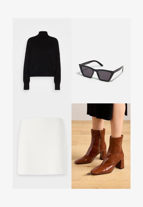 Fekete garbós pulóver hosszú ujjal, cropped fazonban, kötött textúrájú és szűkített mandzsettákkal. Egyszerű, egyszínű, minta nélkül.; Fehér, testhezálló mini szoknya sima textúrával és tiszta vonalakkal. Nincs látható minta vagy fémrész. Egyenes szegély az alján.; Barna bőr bokacsizma fényes felülettel, négyzetes orral, tömbsarkal és oldalsó cipzárral, világos fa padlón elhelyezve.; Fekete, szögletes napszemüveg szürke lencsékkel; műanyagból készült, vastag karokkal, sima felülettel és látható hardver nélkül.; Fekete velúr kisestély tasak cipzárral és levehető csuklópánttal. Aranyszínű hardware-rel és sima, matt textúrával rendelkezik.