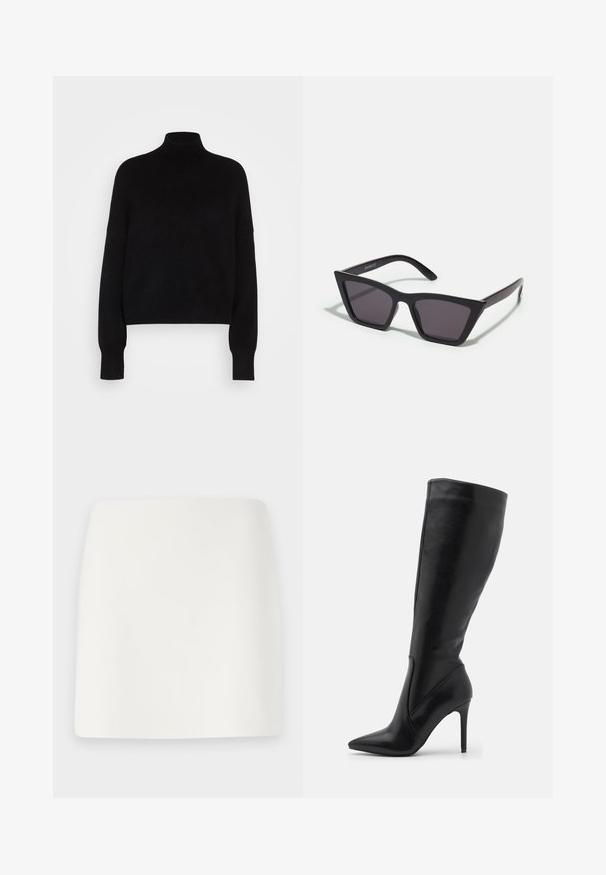 Pulover negru cu guler înalt, cu mâneci lungi, design scurt, textură tricotată și manșete ajustate. Simplu, de culoare uniformă, fără modele.; Fustă mini albă, mulată, cu o textură netedă și linii clare. Fără modele sau accesorii vizibile. Bază dreaptă.; RAID KIYOMI - Cizme - black; Ochelari de soare negri, unghiulari, cu lentile gri; fabricați din plastic, având brațe groase cu o suprafață netedă și fără hardware vizibil.; Geantă de mână din suede negru, cu închidere cu fermoar și bretea detașabilă pentru încheietura mâinii. Dispune de accesorii din metal aurit și o textură netedă, mată.