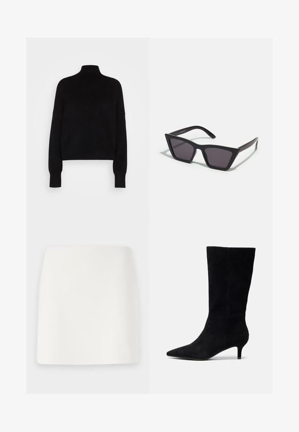 Suéter negro de cuello alto con mangas largas, diseño corto, textura de punto y puños ajustados. Color sólido y simple, sin patrones.; Minifalda blanca ajustada con una textura suave y líneas limpias. Sin patrones ni herrajes visibles. Dobladillo recto en la parte inferior.; Botín de ante negro con punta afilada, tacón delgado y textura suave, que presenta una silueta ajustada y sin herrajes visibles.; Gafas de sol negras y angulares con lentes grises; fabricadas en plástico, con varillas gruesas de superficie suave y sin herrajes visibles.; Bolso de mano de ante negro con cierre de cremallera y correa para la muñeca desmontable. Presenta herrajes en tono dorado y una textura lisa y mate.