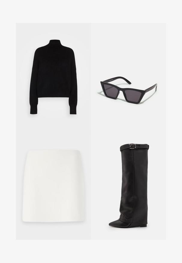 Pull en col roulé noir avec des manches longues, design cropped, texture tricotée et poignets ajustés. Simple, couleur unie sans motifs.; Jupe mini blanche ajustée avec une texture lisse et des lignes épurées. Pas de motifs ou de quincaillerie visibles. Ourlet droit en bas.; Steve Madden CORENNE - Bottes à talons hauts - black; Lunettes noires angulaires avec des verres gris ; fabriquées en plastique, avec des branches épaisses à la surface lisse et sans matériel visible.; Pochette en daim noir avec une fermeture éclair et une bandoulière amovible. Dotée de quincaillerie dorée et d'une texture lisse et mate.