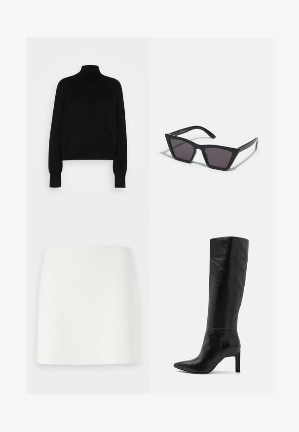 Melnā turtlenecka džemperis ar garām piedurknēm, īsā dizainā, adīts raksts un pieguļošas aproces. Vienkārša, vienkrāsaina bez rakstiem.; Balta, pieguļoša mini svārku ar gludu tekstūru un tīrām līnijām. Nav redzamu rakstu vai metalizācijas. Taisna apakšmala.; Ceļa auguma melni ādas stiletto zābaki ar smailu pirkstu un gludu tekstūru. Papēdis ir bloka tipa, kas piešķir stabilitāti dizainam.; Melni, stūrveida saulesbrilles ar pelēkiem objektīviem; izgatavotas no plastmasas, ar biezām kājām, kam ir gluda virsma un nav redzamu stiprinājumu.; Melnas zamšādas gēlu somiņa ar rāvējslēdzēju un noņemamu plaukstas siksniņu. Ar zelta tonis aparatūru un gludu, matētu tekstūru.