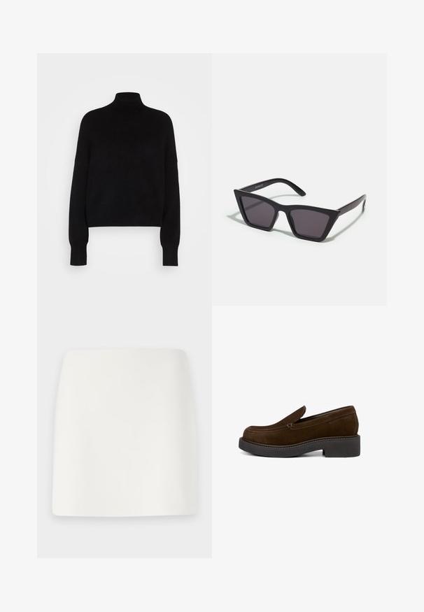 Black turtleneck sweater with long sleeves, cropped design, knitted texture, and fitted cuffs. Simple, solid color without patterns.; White, fitted mini skirt with a smooth texture and clean lines. No visible patterns or hardware. Straight hem at the bottom.; Brown suede slip-on shoe with a modern design, rounded toe, and chunky black platform sole. Notable stitching detail along the edge.; Black, angular sunglasses with gray lenses; made of plastic, featuring thick arms with a smooth surface and no visible hardware.; Black suede clutch bag with a zip closure and detachable wrist strap. Features gold-tone hardware and a smooth, matte texture.