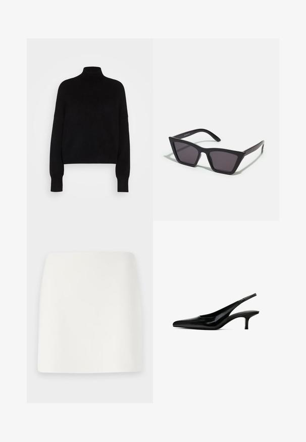 Czarny sweter z golfem, z długimi rękawami, krótki fason, dziany teksturą i dopasowanymi mankietami. Prosty, jednolity kolor bez wzorów.; Biała, dopasowana mini spódnica o gładkiej fakturze i prostych liniach. Brak widocznych wzorów i akcesoriów. Prosty dół.; Czarne buty slingback z czubkiem w kształcie spiczastym, wykonane z błyszczącej skóry, z cienkim, niskim obcasem. Posiadają wycięcie po bokach dla lepszej wentylacji.; Czarne, kanciaste okulary przeciwsłoneczne z szarymi soczewkami; wykonane z plastiku, z grubymi zausznikami o gładkiej powierzchni i bez widocznych elementów metalowych.; Czarna zamszowa kopertówka z zapięciem na zamek i odpinanym paskiem na nadgarstek. Wyposażona w elementy w kolorze złotym oraz gładką, matową fakturę.