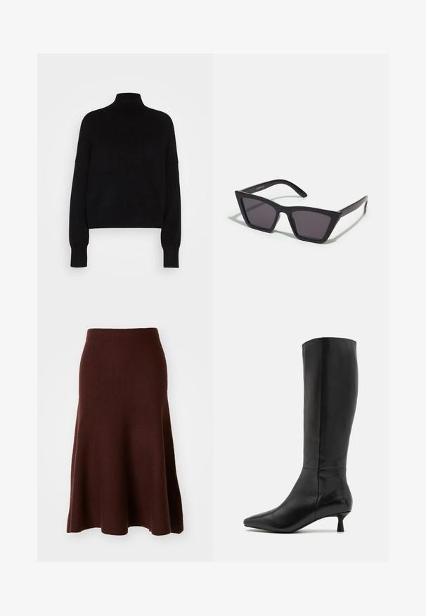 Black turtleneck sweater with long sleeves, cropped design, knitted texture, and fitted cuffs. Simple, solid color without patterns.; Brown merino wool skirt, A-line shape, smooth texture, knee-length with a flared hem, minimal seams, suitable for casual wear.; Zign Boots - black; Black, angular sunglasses with gray lenses; made of plastic, featuring thick arms with a smooth surface and no visible hardware.; Black suede clutch bag with a zip closure and detachable wrist strap. Features gold-tone hardware and a smooth, matte texture.