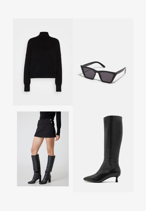 Sort rullekravesweater med lange ærmer, cropped design, strikket tekstur og tætsiddende manchetter. Enkel, ensfarvet uden mønstre.; Sort mini skør med fold-over talje og sølvknapper, parret med knæ-høje sorte læderstøvler med en kraftig hæl.; Zign Høje støvler/ Støvler - black; Sorte, kantede solbriller med grå linser; lavet af plast, med tykke stænger med en glat overflade og ingen synlig hardware.; Sort ruskinds clutchtaske med lynlås og aftagelig håndledsrem. Har guldfarvet hardware og en glat, mat tekstur.