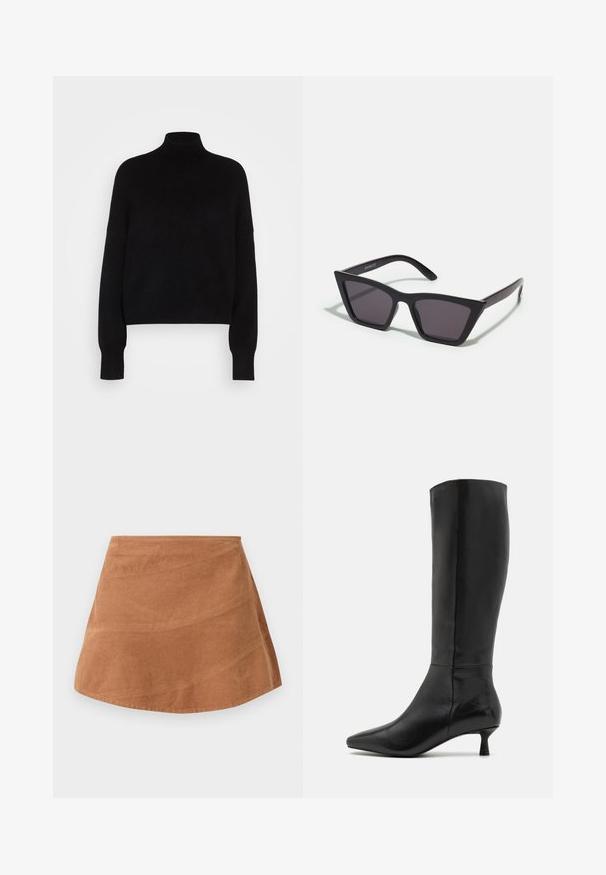 Suéter negro de cuello alto con mangas largas, diseño corto, textura de punto y puños ajustados. Color sólido y simple, sin patrones.; Mini falda de pana marrón con un diseño acampanado, que presenta una textura suave y líneas verticales sutiles gracias al patrón acanalado de la tela.; Zign Botas - black; Gafas de sol negras y angulares con lentes grises; fabricadas en plástico, con varillas gruesas de superficie suave y sin herrajes visibles.; Bolso de mano de ante negro con cierre de cremallera y correa para la muñeca desmontable. Presenta herrajes en tono dorado y una textura lisa y mate.