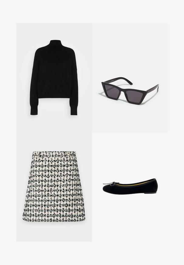 Pull en col roulé noir avec des manches longues, design cropped, texture tricotée et poignets ajustés. Simple, couleur unie sans motifs.; Jupe tissée en tweed beige et noir. Coupe droite avec un léger évasement à l'ourlet. Dotée d'une ceinture avec un détail bouton.; Ballet flats en velours noir avec un bout rond, un petit noeud sur le devant et une doublure intérieure jaune contrastante.; Lunettes noires angulaires avec des verres gris ; fabriquées en plastique, avec des branches épaisses à la surface lisse et sans matériel visible.; Sac à main en cuir noir de forme arrondie, avec une seule poignée supérieure et des accents en métal doré. Il dispose d'une fermeture zippée et d'un détail de marque discret.