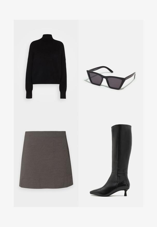 Fekete garbós pulóver hosszú ujjal, cropped fazonban, kötött textúrájú és szűkített mandzsettákkal. Egyszerű, egyszínű, minta nélkül.; Egyenes szárú mini szoknya kis fekete és szürke houndstooth mintával, látható díszítések vagy zsebek nélkül.; Zign Csizmák - black; Fekete, szögletes napszemüveg szürke lencsékkel; műanyagból készült, vastag karokkal, sima felülettel és látható hardver nélkül.; Fekete velúr kisestély tasak cipzárral és levehető csuklópánttal. Aranyszínű hardware-rel és sima, matt textúrával rendelkezik.