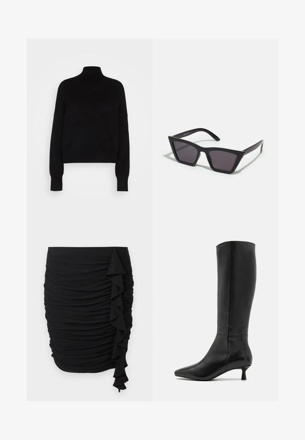 Fekete garbós pulóver hosszú ujjal, cropped fazonban, kötött textúrájú és szűkített mandzsettákkal. Egyszerű, egyszínű, minta nélkül.; Fekete, ráncolt szoknya, oldalán fodros részlettel, rugalmas anyagból készült, testhezálló sziluettel.; Zign Csizmák - black; Fekete, szögletes napszemüveg szürke lencsékkel; műanyagból készült, vastag karokkal, sima felülettel és látható hardver nélkül.; Fekete velúr kisestély tasak cipzárral és levehető csuklópánttal. Aranyszínű hardware-rel és sima, matt textúrával rendelkezik.