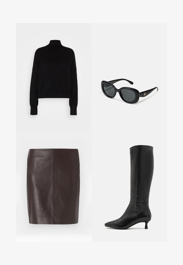 Musthave mustriba mustra pika pikendatud disain, kudumise tekstuur ja tihedad mansetid. Lihtne, ühtlane värv ilma mustriteta.; Pruun nahkne seelik sirge lõikega, sileda tekstuuriga ja minimaalse õmblusega. Omab keskmise pikkusega disaini ilma kaunistusteta.; Zign Saapad - black; Mustavad päikeseprillid ümarate läätsedega, läikivast plastmaterjalist raam ja kuldne logo aktsent templeil. Tumedad läätsed pakuvad UV-kaitset.; Mustan sametist käsipakiga kotike, millel on tõmblukuga sulgemine ja eemaldatav randme rihm. Omab kuldse tooni riistu ja sileda, mati tekstuuri.