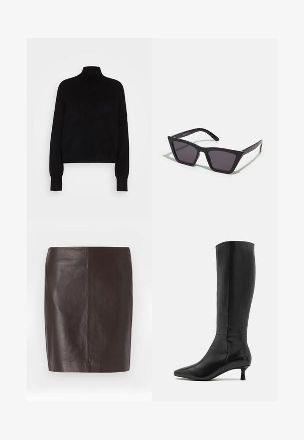 Černý rolák s dlouhými rukávy, zkrácený střih, pletená textura a přitažené manžety. Jednoduchá, jednobarevná bez vzorů.; Hnědá kožená sukně se rovný střih, hladká textura a minimálním šitím. Má střední délku bez ozdob.; Zign Vysoká obuv - black; Černé, ostré sluneční brýle s šedými skly; vyrobené z plastu, s mohutnými rameny a hladkým povrchem bez viditelného hardwaru.; Černá lakovaná kůže na ramenní tašce s prohnutým tvarem, vyznačující se stříbrným trojúhelníkovým logem a zipovým uzavřením. Hladký povrch a úzký popruh.