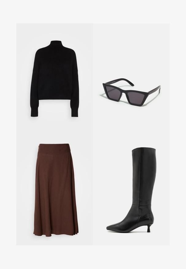 Čierny rolák s dlhými rukávmi, skrátený strih, pletená textúra a priliehavé manžety. Jednoduchá, jednoliata farba bez vzorov.; Hnedá maxi sukňa s hladkou textúrou, širokým elastickým pásom a splývavým strihom, vhodná na každodenné alebo poloformálne nosenie.; Zign Čižmy - black; Čierne, ostré slnečné okuliare so sivými sklami; vyrobené z plastu, majú hrubé ramená s hladkým povrchom a bez viditeľnej mechaniky.; Čierna semišová kabelka na ruku so zipsovým uzáverom a odnímateľným zápästným popruhom. Obsahuje zlaté kovové komponenty a hladký, matný povrch.