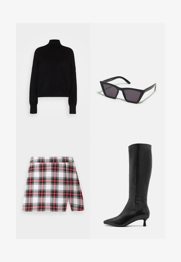 Black turtleneck sweater with long sleeves, cropped design, knitted texture, and fitted cuffs. Simple, solid color without patterns.; Plaid mini skirt in white, red, and black featuring a side slit, flat waistband, and lightweight fabric. The design includes horizontal and vertical lines.; Zign Boots - black; Black, angular sunglasses with gray lenses; made of plastic, featuring thick arms with a smooth surface and no visible hardware.; Black suede clutch bag with a zip closure and detachable wrist strap. Features gold-tone hardware and a smooth, matte texture.