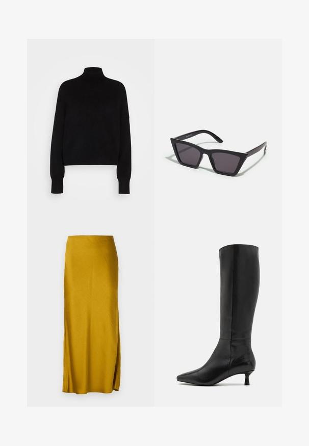 Black turtleneck sweater with long sleeves, cropped design, knitted texture, and fitted cuffs. Simple, solid color without patterns.; Mustard yellow maxi skirt in smooth fabric with a straight silhouette. Features a side slit and an elastic waistband.; Zign Boots - black; Black, angular sunglasses with gray lenses; made of plastic, featuring thick arms with a smooth surface and no visible hardware.; Black suede clutch bag with a zip closure and detachable wrist strap. Features gold-tone hardware and a smooth, matte texture.