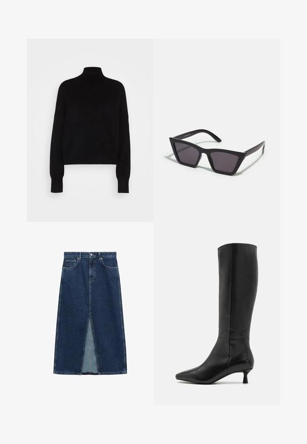 Črna turtleneck pulover s dolgimi rokavi, krajša zasnova, pletena tekstura in oprijeti manšeti. Preprost, enobarven brez vzorcev.; Denim krilo z visokim pasom, sprednjim razporkom in dvema sprednjima žepoma. Temno modra barva z gladko teksturo in sproščenim dizajnom.; Zign Škornji - black; Črne, angularne sončne očala z sivimi lečami; izdelana iz plastike, imajo debele ročke z gladko površino in brez vidne opreme.; Črna semiš torbica z zadrgo in odstranljivim zapestnim trakom. Ima zlate kovinske dodatke in gladko, mat površino.