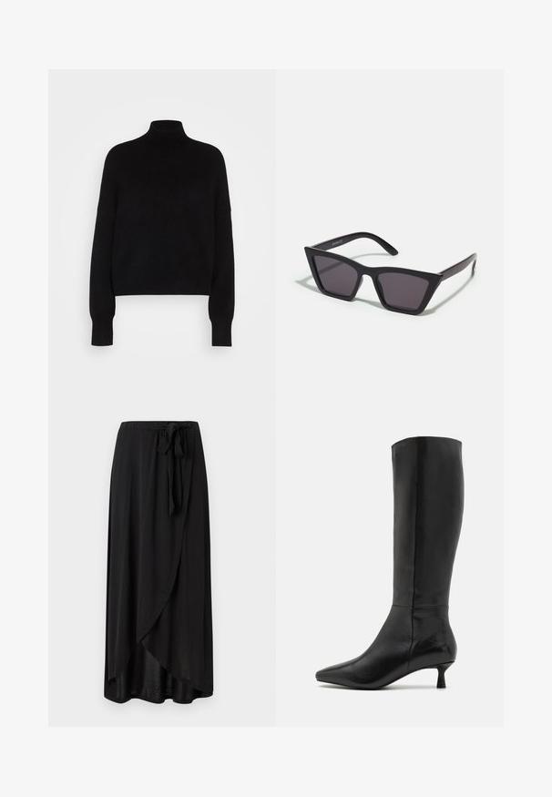 Pull en col roulé noir avec des manches longues, design cropped, texture tricotée et poignets ajustés. Simple, couleur unie sans motifs.; Jupe maxi noire en tissu léger, dotée d'un design enroulé, d'un lien à la taille ajustable, et d'une silhouette fluide avec un ourlet arrondi.; Zign Bottes - black; Lunettes noires angulaires avec des verres gris ; fabriquées en plastique, avec des branches épaisses à la surface lisse et sans matériel visible.; Pochette en daim noir avec une fermeture éclair et une bandoulière amovible. Dotée de quincaillerie dorée et d'une texture lisse et mate.