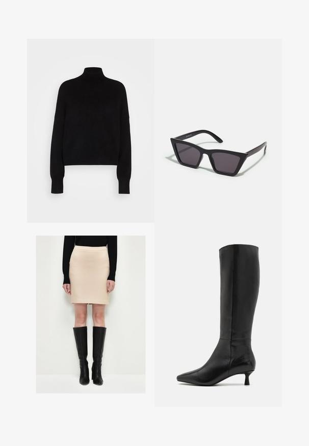 Černý rolák s dlouhými rukávy, zkrácený střih, pletená textura a přitažené manžety. Jednoduchá, jednobarevná bez vzorů.; Úzká béžová sukně s texturovanou tkaninou, spárovaná s černými koženými botami až ke kolenům. Oblečení se vyznačuje jednoduchým designem a neutrální barevnou paletou.; Zign Vysoká obuv - black; Černé, ostré sluneční brýle s šedými skly; vyrobené z plastu, s mohutnými rameny a hladkým povrchem bez viditelného hardwaru.; Černá semišová kabelka na ruku se zipovým uzávěrem a odnímatelným zápěstním řemínkem. Vybaveno zlatými kovovými detaily a hladkým, matným povrchem.