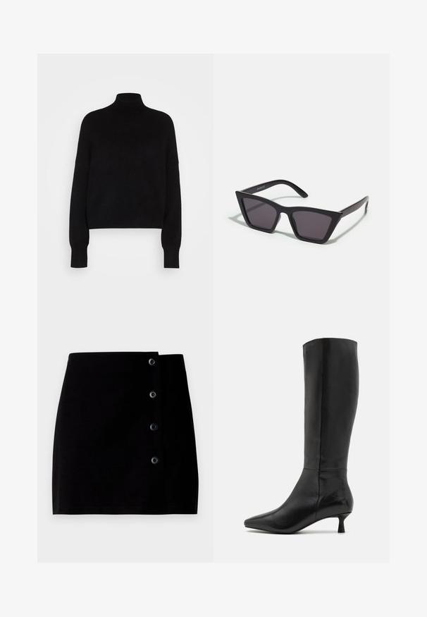 Fekete garbós pulóver hosszú ujjal, cropped fazonban, kötött textúrájú és szűkített mandzsettákkal. Egyszerű, egyszínű, minta nélkül.; Fekete, térd feletti pamut szoknya, oldalán négy fekete gombbal záródik, egyenes szabással. Simaszerkezet.; Zign Csizmák - black; Fekete, szögletes napszemüveg szürke lencsékkel; műanyagból készült, vastag karokkal, sima felülettel és látható hardver nélkül.; Fekete velúr kisestély tasak cipzárral és levehető csuklópánttal. Aranyszínű hardware-rel és sima, matt textúrával rendelkezik.