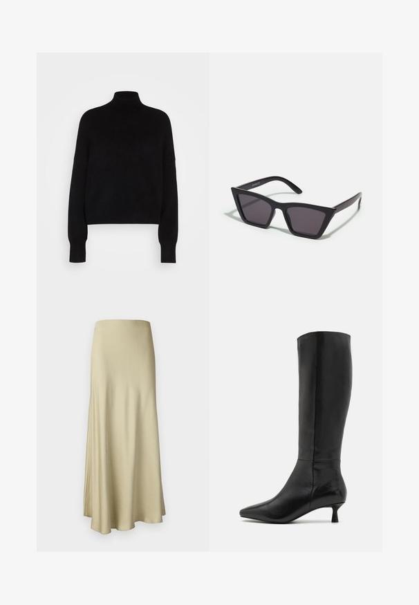 Zwarte coltrui met lange mouwen, cropped ontwerp, gebreide textuur en aansluitende manchetten. Eenvoudig, effen kleur zonder patronen.; Lang, vloeiende beige rok gemaakt van zachte stof. Bevat een gladde textuur en een eenvoudig, minimalistisch ontwerp zonder zichtbare hardware.; Zign Laarzen - black; Zwarte, hoekige zonnebril met grijze lenzen; gemaakt van plastic, met dikke armen met een gladde oppervlakte en zonder zichtbare hardware.; Zwarte suède clutchtas met een ritssluiting en een afneembare polsband. Voorzien van goudkleurige hardware en een gladde, matte textuur.