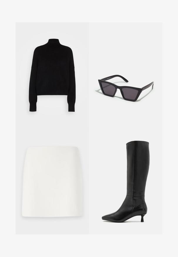 Maglione a collo alto nero con maniche lunghe, design crop, texture lavorata a maglia e polsini aderenti. Semplice, di un colore uniforme senza motivi.; Mini gonna bianca, aderente, con una texture liscia e linee pulite. Nessun motivo visibile o accessori. Orlo dritto sul fondo.; Zign Stivali alti - black; Occhiali da sole neri e angolari con lenti grigie; realizzati in plastica, con aste spesse dalla superficie liscia e senza hardware visibile.; Borsa a pochette nera in suede con chiusura a zip e tracolla rimovibile. Presenta hardware in tonalità oro e una texture liscia e opaca.