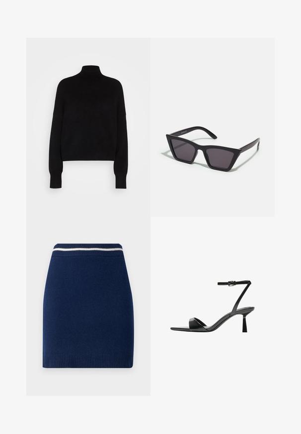 Černý rolák s dlouhými rukávy, zkrácený střih, pletená textura a přitažené manžety. Jednoduchá, jednobarevná bez vzorů.; Námořnická pletená sukně s upnutým střihem, se žebrovaným pasem se kontrastním bílým pruhem. Hladký materiál, délka nad kolena.; Bershka Sandály na vysokém podpatku - black; Černé, ostré sluneční brýle s šedými skly; vyrobené z plastu, s mohutnými rameny a hladkým povrchem bez viditelného hardwaru.; Černá semišová kabelka na ruku se zipovým uzávěrem a odnímatelným zápěstním řemínkem. Vybaveno zlatými kovovými detaily a hladkým, matným povrchem.