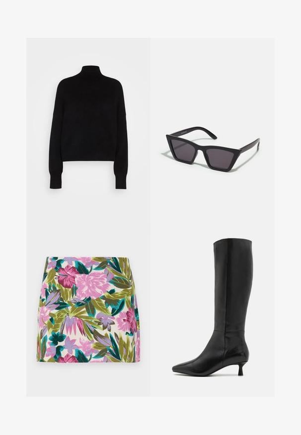 Schwarzer Rollkragenpullover mit langen Ärmeln, cropped Design, gestrickte Textur und eng anliegenden Bündchen. Einfach, einfarbig ohne Muster.; Minirock mit Blumenmuster, der leuchtend pinke und lavendelfarbene Blumen mit grünen und blauen Blättern zeigt, aus leichtem Stoff gefertigt.; Zign Stiefel - black; Schwarze, eckige Sonnenbrille mit grauen Gläsern; aus Kunststoff gefertigt, mit dicken Bügeln, die eine glatte Oberfläche und keine sichtbaren Beschläge haben.; Schwarze Wildleder-Clutch mit einem Reißverschluss und abnehmbarem Handgelenkband. Verfügt über goldfarbene Hardware und eine glatte, matte Oberfläche.
