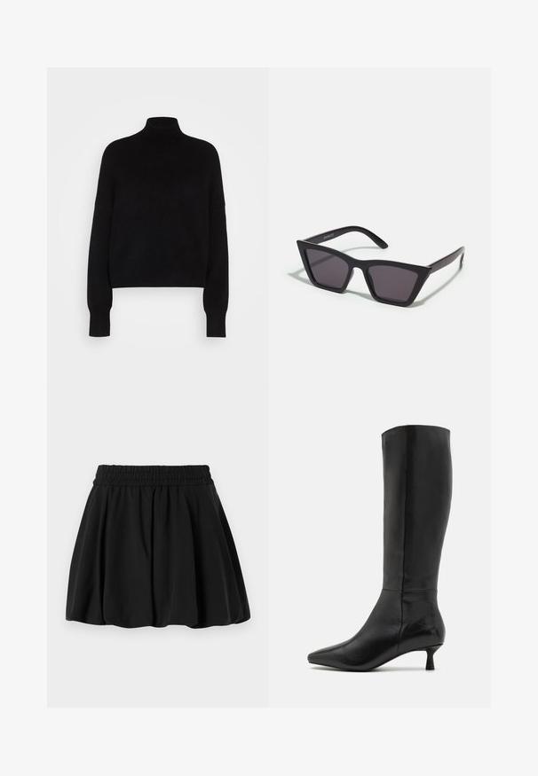 Maglione a collo alto nero con maniche lunghe, design crop, texture lavorata a maglia e polsini aderenti. Semplice, di un colore uniforme senza motivi.; Gonna nera con una vita arricciata, design svasato e tessuto morbido. Tessuto liscio senza motivi visibili o dettagli hardware.; Zign Stivali alti - black; Occhiali da sole neri e angolari con lenti grigie; realizzati in plastica, con aste spesse dalla superficie liscia e senza hardware visibile.; Borsa a pochette nera in suede con chiusura a zip e tracolla rimovibile. Presenta hardware in tonalità oro e una texture liscia e opaca.