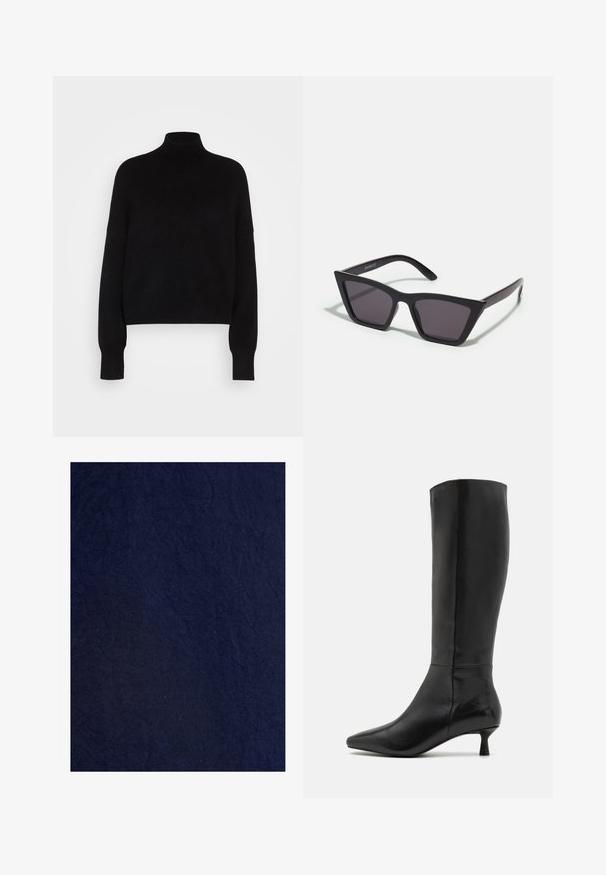 Fekete garbós pulóver hosszú ujjal, cropped fazonban, kötött textúrájú és szűkített mandzsettákkal. Egyszerű, egyszínű, minta nélkül.; Sötétkék, texturált szövet, ráncos megjelenéssel, puha textil anyagból, finom tónusbeli eltérésekkel.; Zign Csizmák - black; Fekete, szögletes napszemüveg szürke lencsékkel; műanyagból készült, vastag karokkal, sima felülettel és látható hardver nélkül.; Fekete velúr kisestély tasak cipzárral és levehető csuklópánttal. Aranyszínű hardware-rel és sima, matt textúrával rendelkezik.