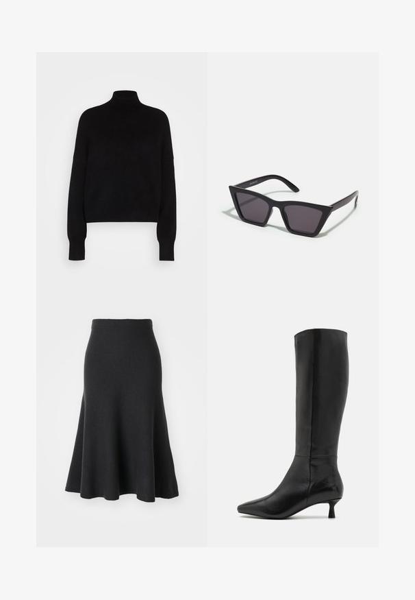 Black turtleneck sweater with long sleeves, cropped design, knitted texture, and fitted cuffs. Simple, solid color without patterns.; Black flared skirt made of soft fabric, featuring a high waist, smooth texture, and an A-line silhouette that extends to mid-calf length.; Zign Boots - black; Black, angular sunglasses with gray lenses; made of plastic, featuring thick arms with a smooth surface and no visible hardware.; Black suede clutch bag with a zip closure and detachable wrist strap. Features gold-tone hardware and a smooth, matte texture.