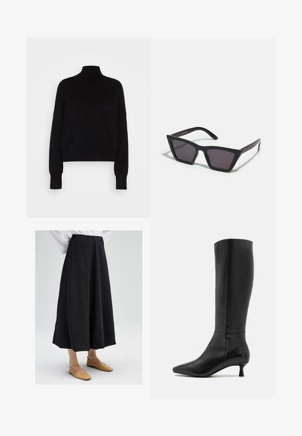 Pull en col roulé noir avec des manches longues, design cropped, texture tricotée et poignets ajustés. Simple, couleur unie sans motifs.; Jupe midi noire avec une surface texturée, dotée d'une taille élastique et d'une silhouette fluide. Associée à des chaussures plates beiges.; Zign Bottes - black; Lunettes noires angulaires avec des verres gris ; fabriquées en plastique, avec des branches épaisses à la surface lisse et sans matériel visible.; Pochette en daim noir avec une fermeture éclair et une bandoulière amovible. Dotée de quincaillerie dorée et d'une texture lisse et mate.
