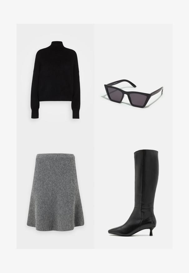 Črna turtleneck pulover s dolgimi rokavi, krajša zasnova, pletena tekstura in oprijeti manšeti. Preprost, enobarven brez vzorcev.; Siva A-linijska krila iz mehkega, teksturiranega materiala. Ima prilegajoč pas in razširjen rob, kar omogoča gladek silhuet.; Zign Škornji - black; Črne, angularne sončne očala z sivimi lečami; izdelana iz plastike, imajo debele ročke z gladko površino in brez vidne opreme.; Črna semiš torbica z zadrgo in odstranljivim zapestnim trakom. Ima zlate kovinske dodatke in gladko, mat površino.