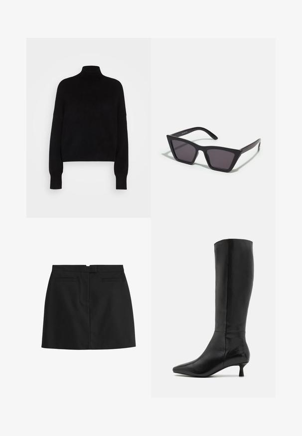 Svart polotröja med långa ärmar, kort design, stickad textur och åtsittande muddar. Enkel, enfärgad utan mönster.; Svart minikjol i slätt material, med rak skärning, två bakfickor och dold dragkedja bak.; Zign Stövel - black; Svarta, vinklade solglasögon med grå linser; tillverkade av plast, med tjocka skalmar med en slät yta och utan synlig hårdvara.; Svart mocka clutchväska med dragkedjestängning och avtagbart handledsband. Utrustad med guldfärgad hårdvara och en slät, matt yta.
