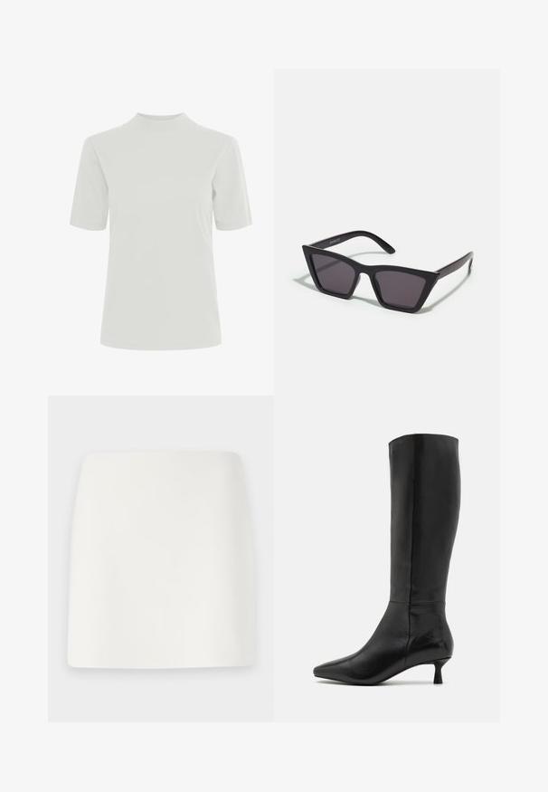 Black turtleneck sweater with long sleeves, cropped design, knitted texture, and fitted cuffs. Simple, solid color without patterns.; ICHI IHRANIA - Basic T-shirt - cloud dancer; White, fitted mini skirt with a smooth texture and clean lines. No visible patterns or hardware. Straight hem at the bottom.; Zign Boots - black; Black, angular sunglasses with gray lenses; made of plastic, featuring thick arms with a smooth surface and no visible hardware.; Black suede clutch bag with a zip closure and detachable wrist strap. Features gold-tone hardware and a smooth, matte texture.