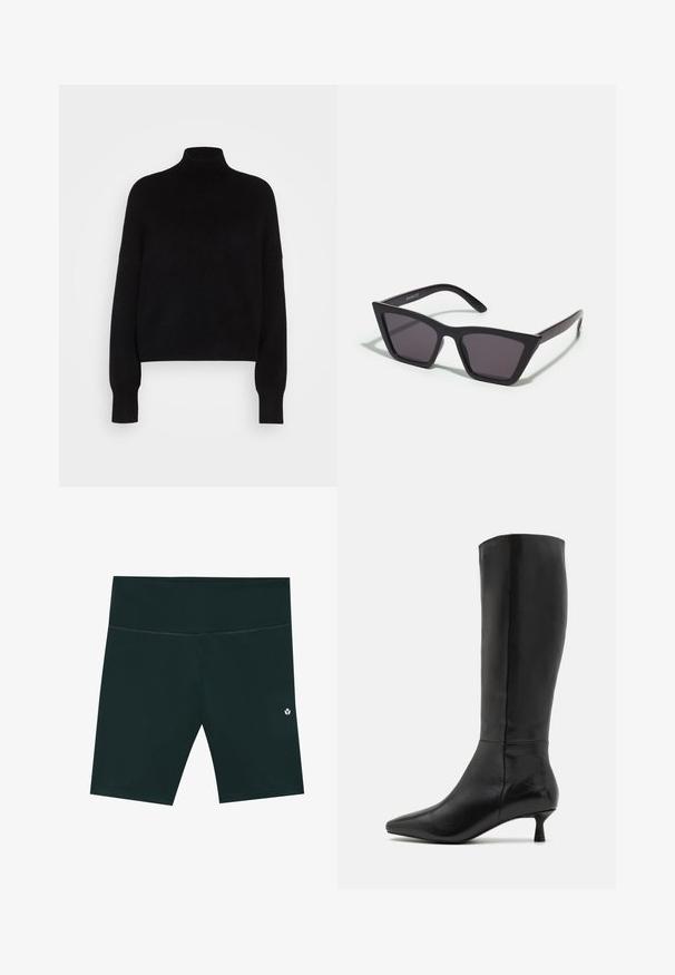 Pulover negru cu guler înalt, cu mâneci lungi, design scurt, textură tricotată și manșete ajustate. Simplu, de culoare uniformă, fără modele.; Șorturi de culoare verde închis, cu o textură fină, lungime până la genunchi și un tiv. Prezintă un mic logo alb aproape de colțul din dreapta jos.; Zign Cizme - black; Ochelari de soare negri, unghiulari, cu lentile gri; fabricați din plastic, având brațe groase cu o suprafață netedă și fără hardware vizibil.; Geantă de mână din suede negru, cu închidere cu fermoar și bretea detașabilă pentru încheietura mâinii. Dispune de accesorii din metal aurit și o textură netedă, mată.