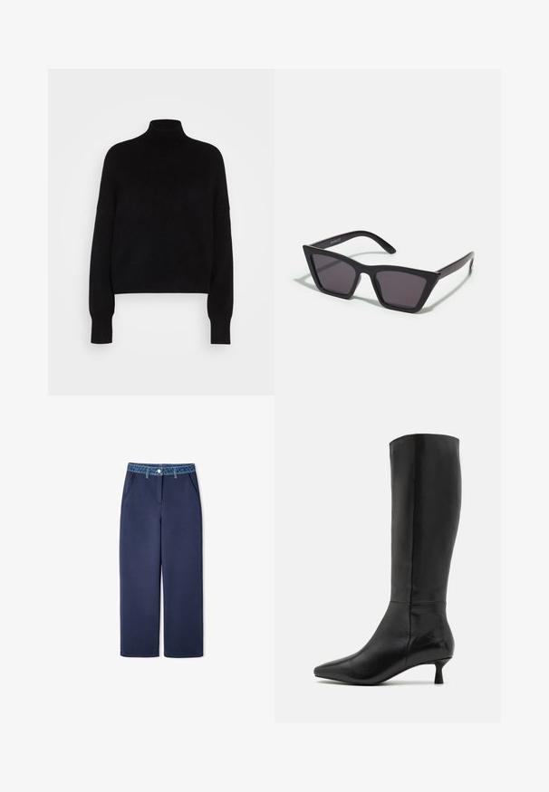 Czarny sweter z golfem, z długimi rękawami, krótki fason, dziany teksturą i dopasowanymi mankietami. Prosty, jednolity kolor bez wzorów.; Granatowe spodnie o szerokich nogawkach, wykonane z miękkiego materiału, z lekko elastycznym paskiem z denimu, posiadające przednie kieszenie i zapięcie na guzik.; Zign - Kozaki; Czarne, kanciaste okulary przeciwsłoneczne z szarymi soczewkami; wykonane z plastiku, z grubymi zausznikami o gładkiej powierzchni i bez widocznych elementów metalowych.; Czarna zamszowa kopertówka z zapięciem na zamek i odpinanym paskiem na nadgarstek. Wyposażona w elementy w kolorze złotym oraz gładką, matową fakturę.