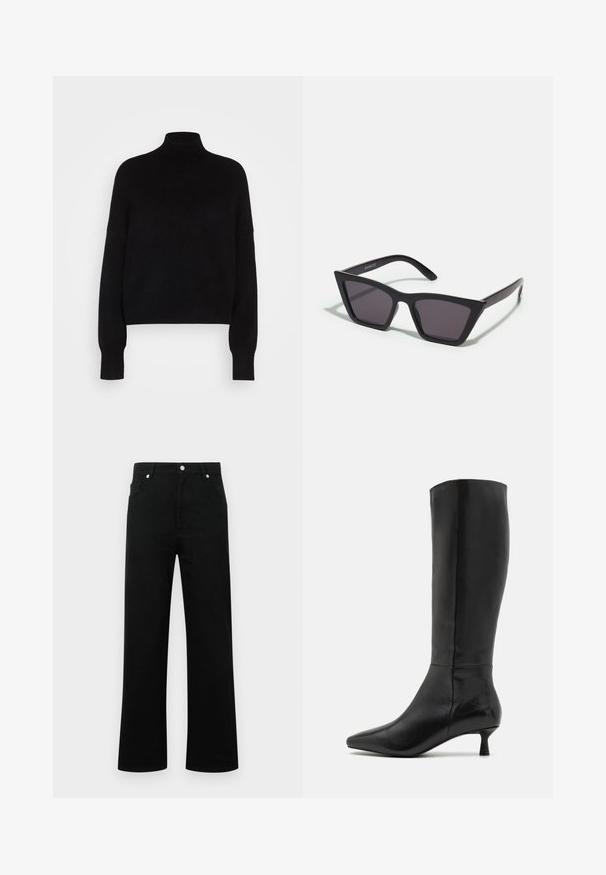 Čierny rolák s dlhými rukávmi, skrátený strih, pletená textúra a priliehavé manžety. Jednoduchá, jednoliata farba bez vzorov.; Čierne džínsové nohavice s vysokým pásom, rovný strih, dve predné vrecká, zapínanie na gombík a minimalistický dizajn.; Zign Čižmy - black; Čierne, ostré slnečné okuliare so sivými sklami; vyrobené z plastu, majú hrubé ramená s hladkým povrchom a bez viditeľnej mechaniky.; Čierna semišová kabelka na ruku so zipsovým uzáverom a odnímateľným zápästným popruhom. Obsahuje zlaté kovové komponenty a hladký, matný povrch.