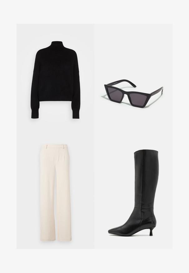 Black turtleneck sweater with long sleeves, cropped design, knitted texture, and fitted cuffs. Simple, solid color without patterns.; Light beige wide-leg trousers with front pleats, a smooth texture, and side pockets. Made from a soft fabric with a tailored design.; Zign Boots - black; Black, angular sunglasses with gray lenses; made of plastic, featuring thick arms with a smooth surface and no visible hardware.; Black suede clutch bag with a zip closure and detachable wrist strap. Features gold-tone hardware and a smooth, matte texture.
