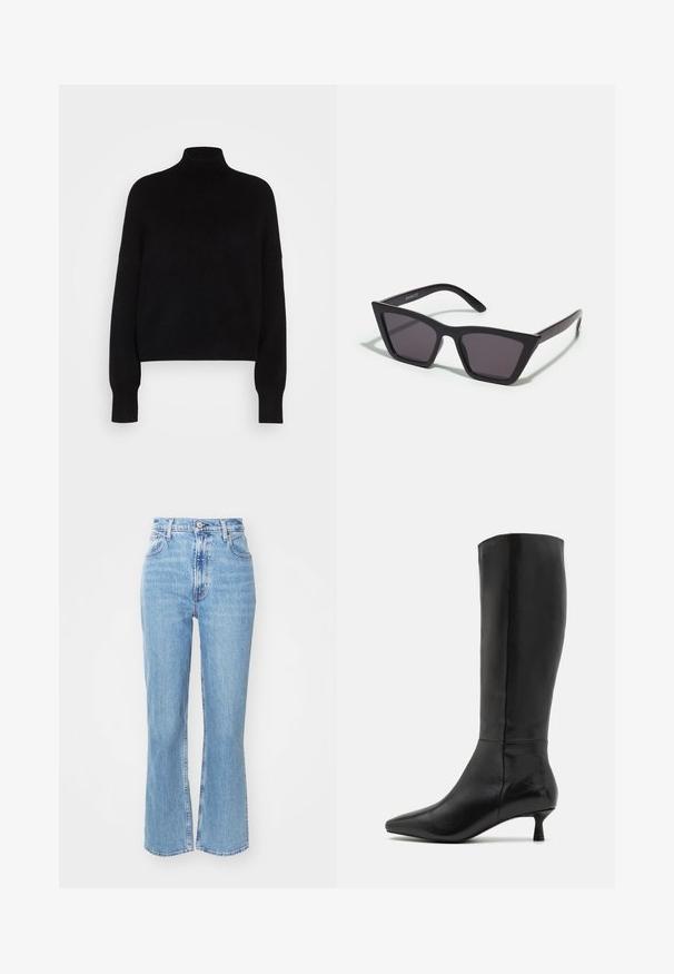 Musta poolpikkade varrukatega sviiter, mis on kootud tekstuuriga ja kitseneva disainiga. Lihtne, ühevärviline, ilma mustrita.; Vaaleansiniset korkeavyötäröiset farkut, joissa on levenevät lahkeet. Valmistettu denimistä ja varustettu viidellä taskulla sekä napituksella edessä. Haalistunut pinta.; Zign Saappaat - black; Mustat, kulmikkaat aurinkolasit harmailla linsseillä; valmistettu muovista, paksuilla varsilla, joissa on sileä pinta ja ilman näkyvää metalliosaa.; Musta nubukista valmistettu ristikkokassi, jossa on vetoketjusulku ja irrotettava rannekapseli. Varustettu kultasävyisillä osilla ja sileällä, matalla pinnalla.