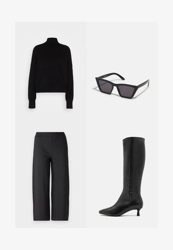Schwarzer Rollkragenpullover mit langen Ärmeln, cropped Design, gestrickte Textur und eng anliegenden Bündchen. Einfach, einfarbig ohne Muster.; Schwarzweite Hosen mit einem elastischen Bund. Hergestellt aus einem glatten, dehnbaren Stoff. Keine Taschen oder sichtbaren Nähte. Sauberes, minimalistisches Design.; Zign Stiefel - black; Schwarze, eckige Sonnenbrille mit grauen Gläsern; aus Kunststoff gefertigt, mit dicken Bügeln, die eine glatte Oberfläche und keine sichtbaren Beschläge haben.; Schwarze Wildleder-Clutch mit einem Reißverschluss und abnehmbarem Handgelenkband. Verfügt über goldfarbene Hardware und eine glatte, matte Oberfläche.