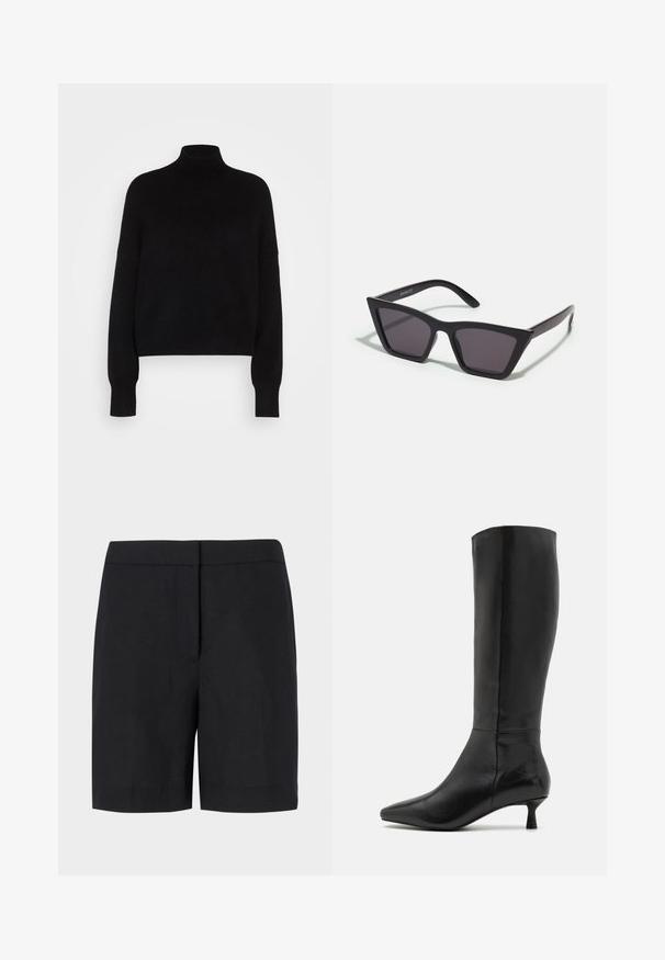 Musta poolpikkade varrukatega sviiter, mis on kootud tekstuuriga ja kitseneva disainiga. Lihtne, ühevärviline, ilma mustrita.; Mustat shortsit, jotka on valmistettu kevyestä kankaasta, klassisella suoralla leikkauksella, minimalistisella suunnittelulla ja ilman näkyviä kiinnikkeitä tai kuvioita.; Zign Saappaat - black; Mustat, kulmikkaat aurinkolasit harmailla linsseillä; valmistettu muovista, paksuilla varsilla, joissa on sileä pinta ja ilman näkyvää metalliosaa.; Musta nubukista valmistettu ristikkokassi, jossa on vetoketjusulku ja irrotettava rannekapseli. Varustettu kultasävyisillä osilla ja sileällä, matalla pinnalla.