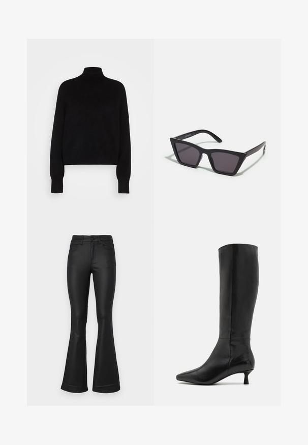 Musthave mustriba mustra pika pikendatud disain, kudumise tekstuur ja tihedad mansetid. Lihtne, ühtlane värv ilma mustriteta.; Mustad flared teksad, mis on valmistatud siledast kangast. Omab viit taskut, sirget taljet ja laia säärte avatust allservas.; Zign Saapad - black; Mustad mustrakellad, millel on hallid šabloonid; valmistatud plastist, paksude ja siledate kätega, ilma nähtava riistvarata.; Mustan sametist käsipakiga kotike, millel on tõmblukuga sulgemine ja eemaldatav randme rihm. Omab kuldse tooni riistu ja sileda, mati tekstuuri.