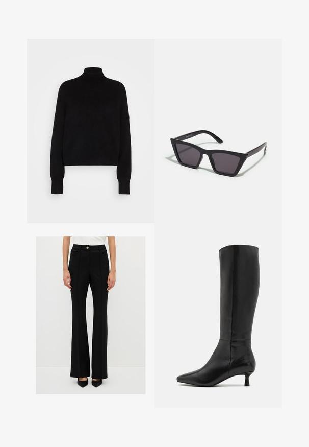 Czarny sweter z golfem, z długimi rękawami, krótki fason, dziany teksturą i dopasowanymi mankietami. Prosty, jednolity kolor bez wzorów.; Czarne spodnie dzwonowate wykonane z gładkiego materiału, z zapięciem na guzik, dwoma przednimi kieszeniami i dopasowanymi szwami dla uzyskania eleganckiego wyglądu.; Zign - Kozaki; Czarne, kanciaste okulary przeciwsłoneczne z szarymi soczewkami; wykonane z plastiku, z grubymi zausznikami o gładkiej powierzchni i bez widocznych elementów metalowych.; Czarna zamszowa kopertówka z zapięciem na zamek i odpinanym paskiem na nadgarstek. Wyposażona w elementy w kolorze złotym oraz gładką, matową fakturę.