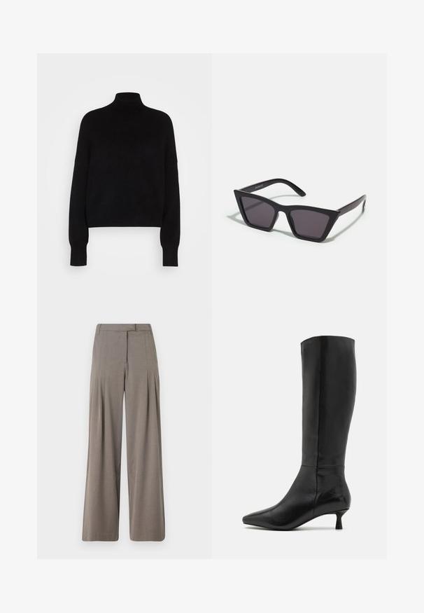 Sweater preto de gola alta com mangas longas, design curto, textura tricotada e punhos justos. Simples, de cor sólida sem padrões.; Calças de perna larga em tecido castanho claro, com pregas, frente plana e bainha limpa. Textura suave com um brilho subtil.; Zign Botas - black; Óculos de sol pretos, angulares, com lentes cinzas; feitos de plástico, apresentando hastes grossas com uma superfície lisa e sem hardware visível.; Clutch bag preta em camurça, com fecho em zíper e alça de pulso removível. Apresenta acessórios em tom dourado e uma textura suave e fosca.