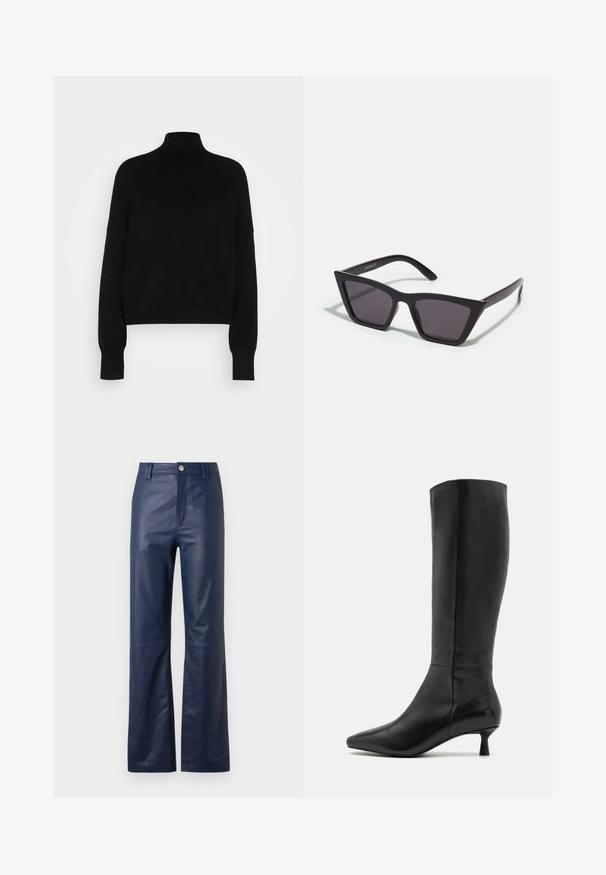Pull en col roulé noir avec des manches longues, design cropped, texture tricotée et poignets ajustés. Simple, couleur unie sans motifs.; Pantalons en cuir bleu marine avec une coupe droite, dotés d'une fermeture éclair à l'avant, d'un bouton de fermeture et d'une texture lisse.; Zign Bottes - black; Lunettes noires angulaires avec des verres gris ; fabriquées en plastique, avec des branches épaisses à la surface lisse et sans matériel visible.; Pochette en daim noir avec une fermeture éclair et une bandoulière amovible. Dotée de quincaillerie dorée et d'une texture lisse et mate.